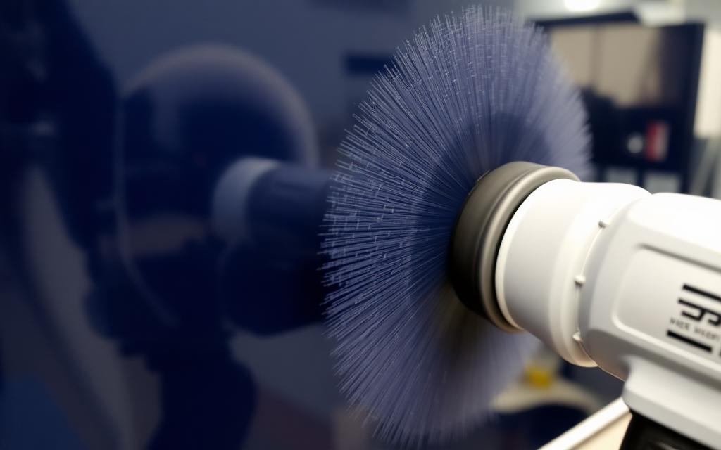 Buffing machine polishing a navy boat hull