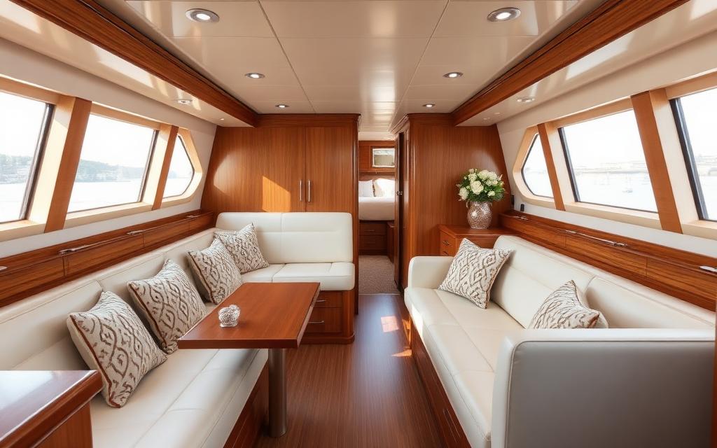 Luxury yacht interior cabin with teak and leather